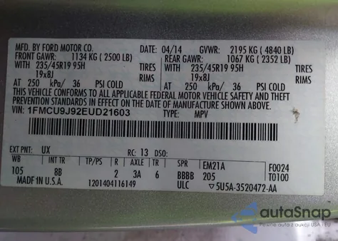 2014 Ford Escape Titanium from USA, damaged, VIN 1FMCU9J92EUD21603